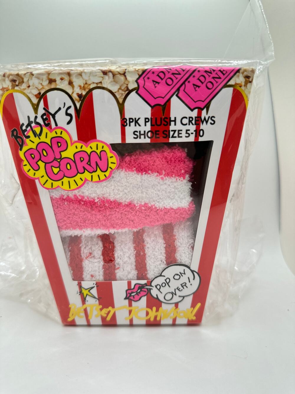 Brand New Betsey Johnson Movie Popcorn Plush Crew Socks 3 Pair Bundle!